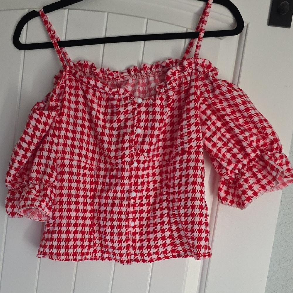 Red Gingham Off-Shoulder Crop Top